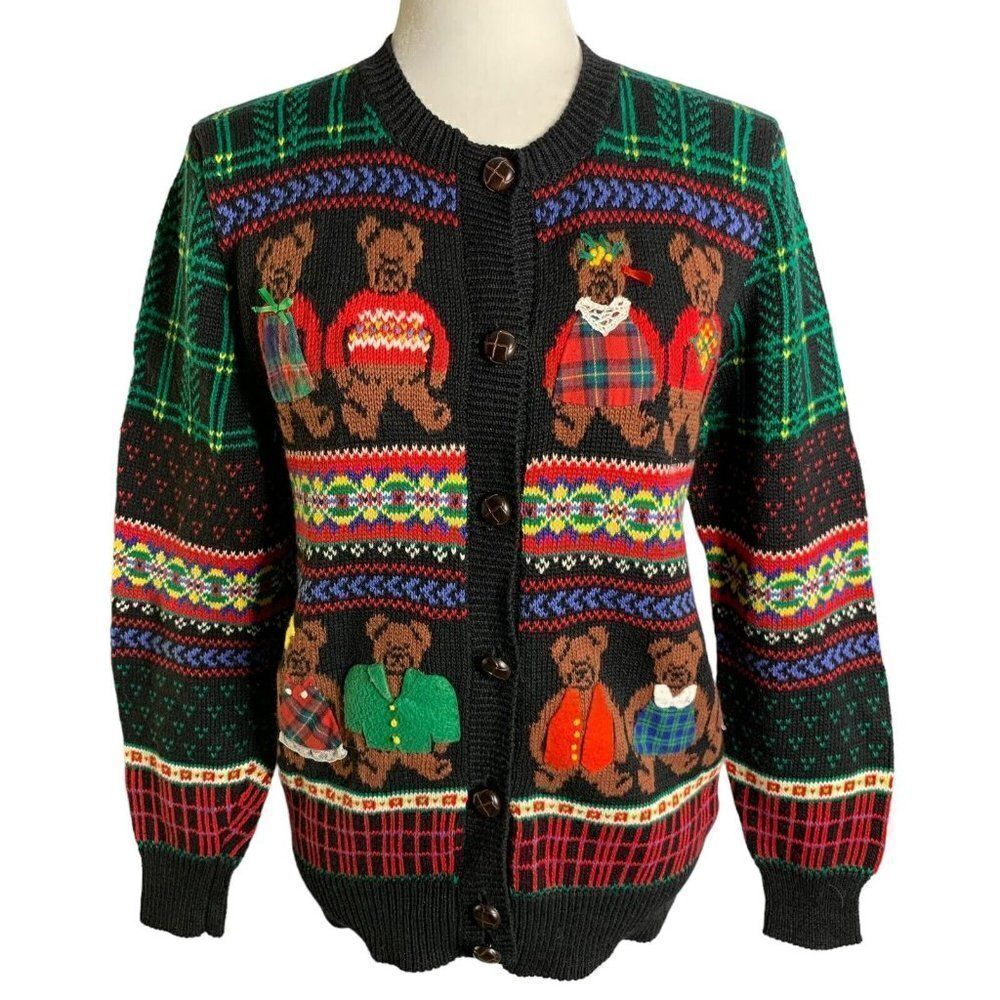 Vintage 90s Susan Bristol Cardigan Sweater S Black Teddy Bears